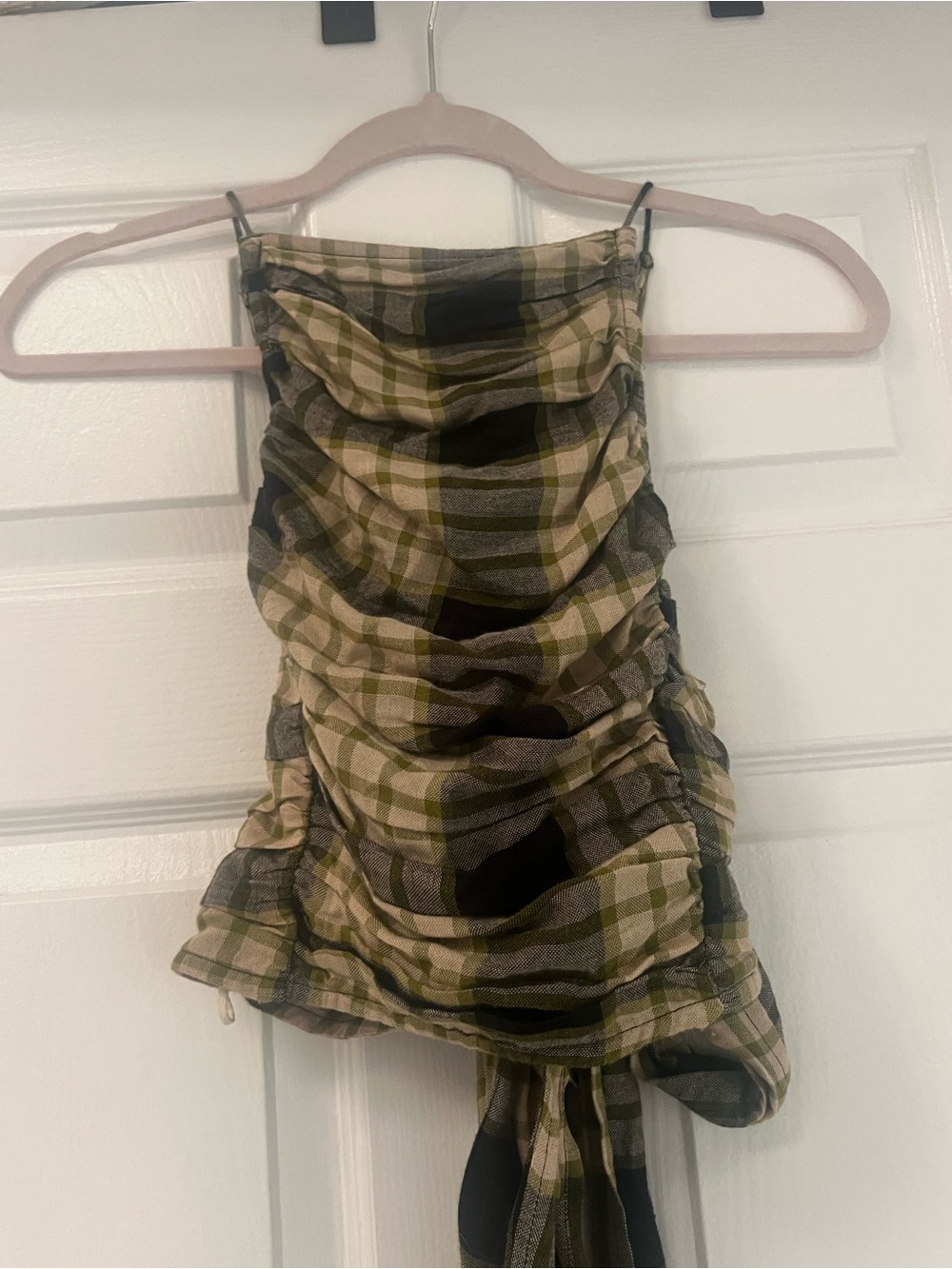 Free People Olive, Black and Cream Plaid Ruched Strapless Camisole